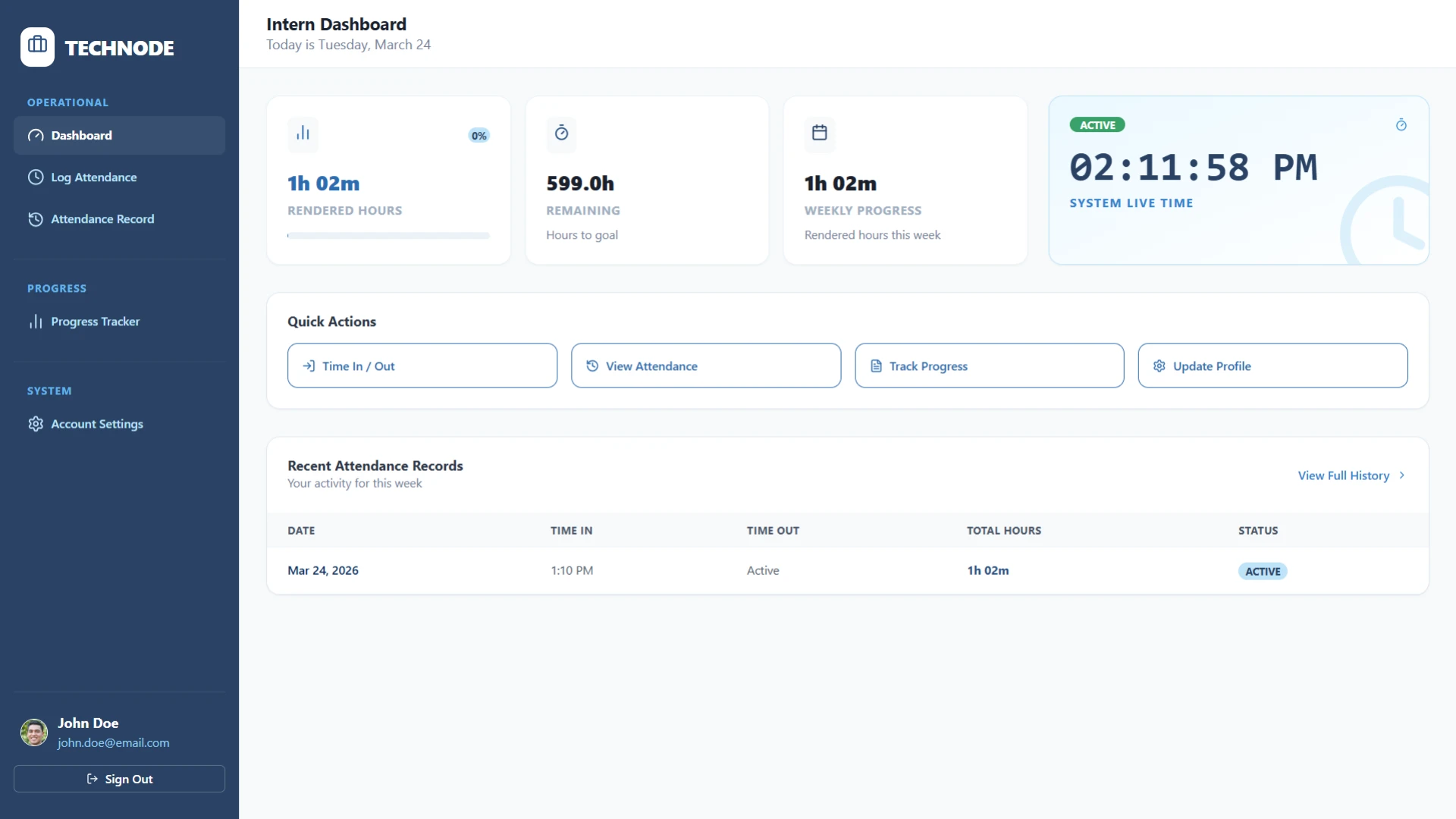 Screenshot of DTR Intern Dashboard